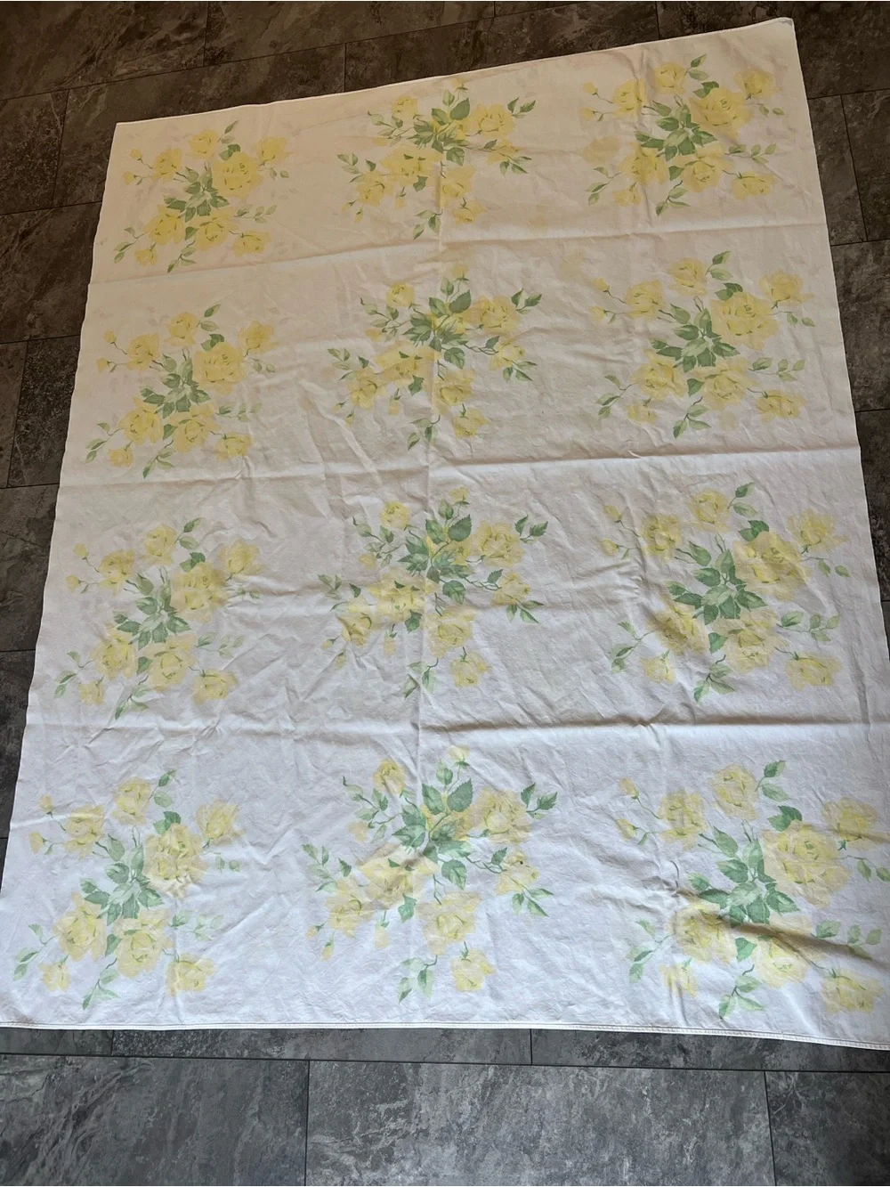 Vintage Yellow Rose Floral Tablecloth -  White Background pale lavender leaves